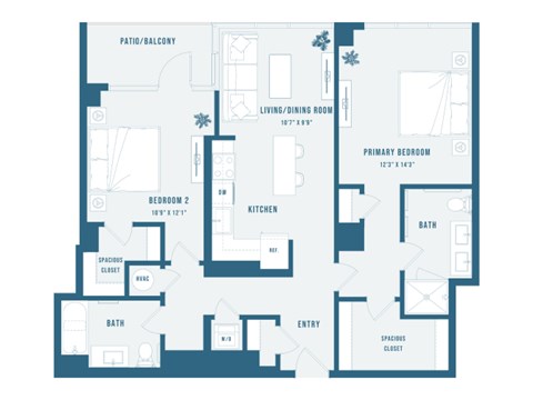 Floor plan for 2 beds, 2 baths, 1121 sqft